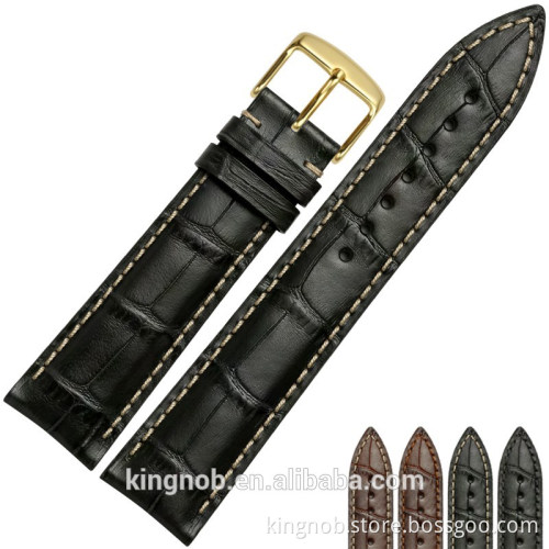 18 to 22mm Stainless Steel Gold Pin Buckle Calf Leather Watch Band Strap